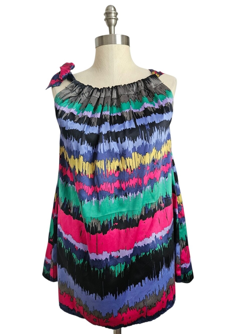 DKNY JEANS Colorful Abstract Stripe Halter Satin Top | SZ S
